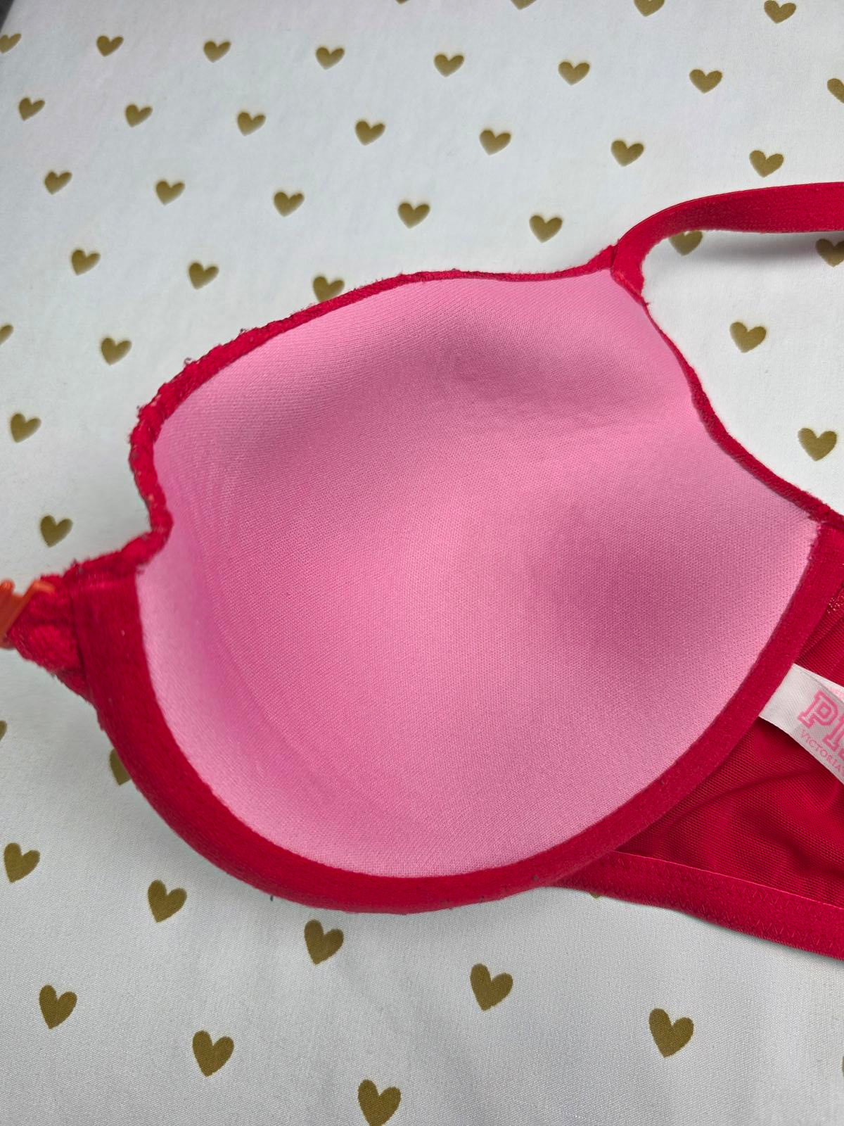 Victorias Secret PINK Red Racerback Front Close Bra Lace 32DD Lightly Lined
