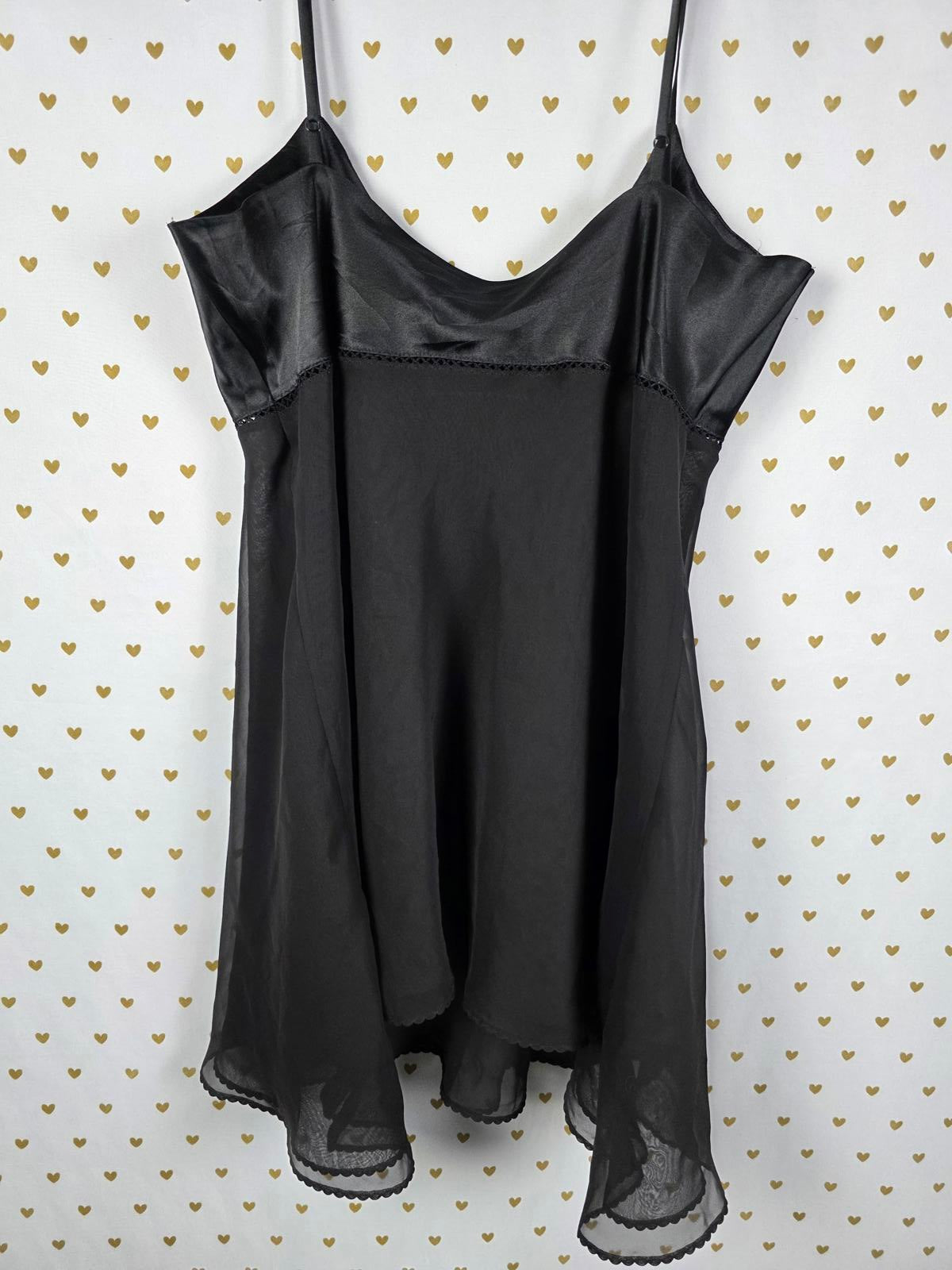 Victorias Secret Black Sexy Sheer Satin Accent Nightie Heart Label LARGE VTG