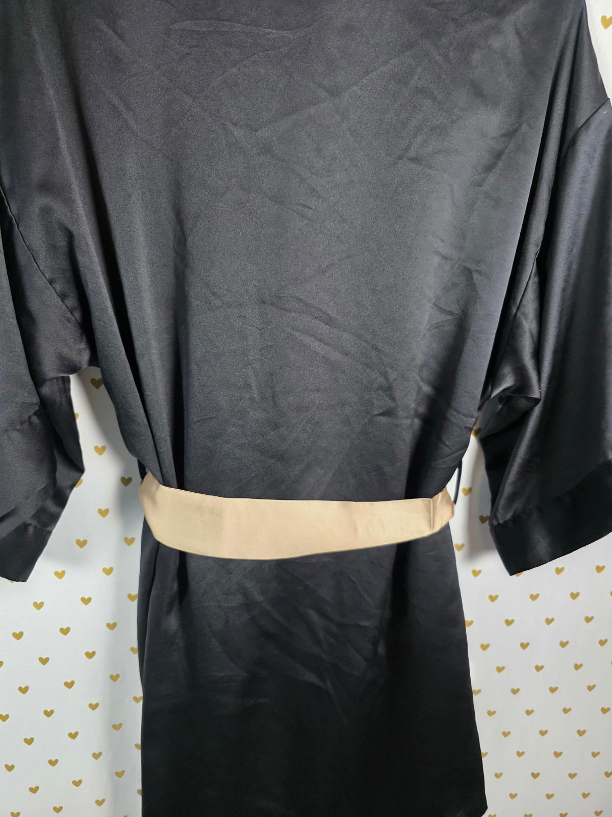 Victorias Secret Satin Silky Robe Black Pockets Beige Belt XS SMALL Kimono Wrap