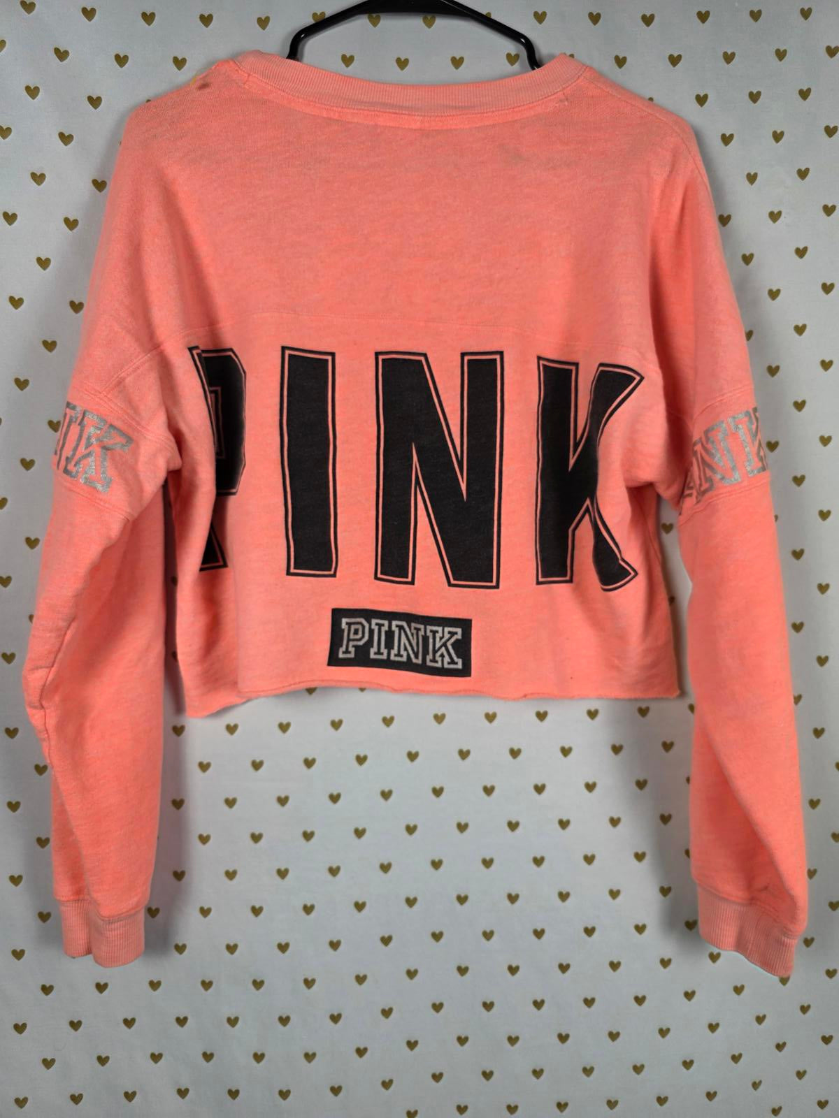 Victorias Secret Pink Neon Cropped Logo Long Sleeve Sweater Shirt SMALL
