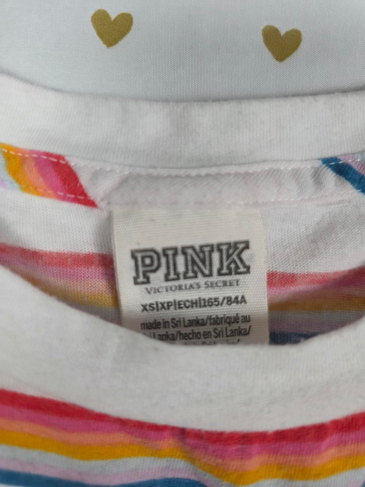 Victorias Secret PINK Rainbow Stripe Tee shirt Dog Logo Embroidered XS