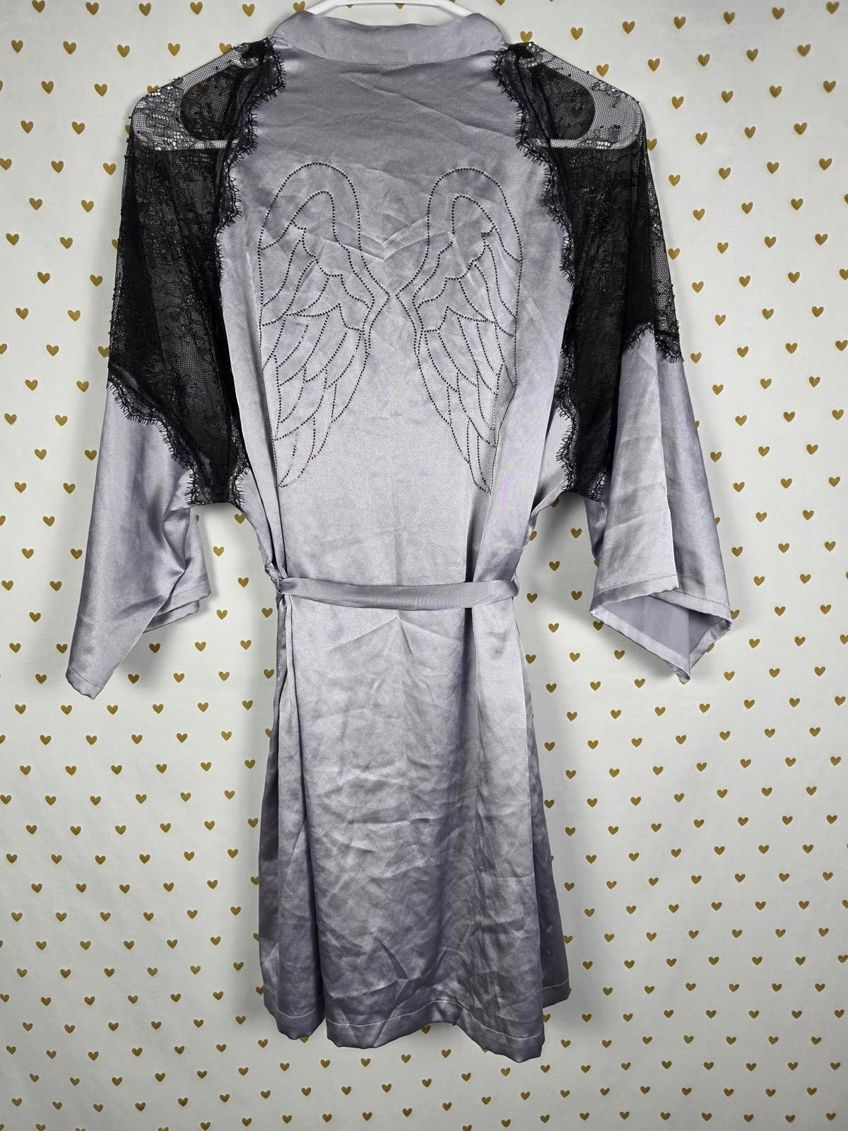 Victorias Secret LIMITED EDITION Satin Silky Robe BLING WINGS Studded Grey S M