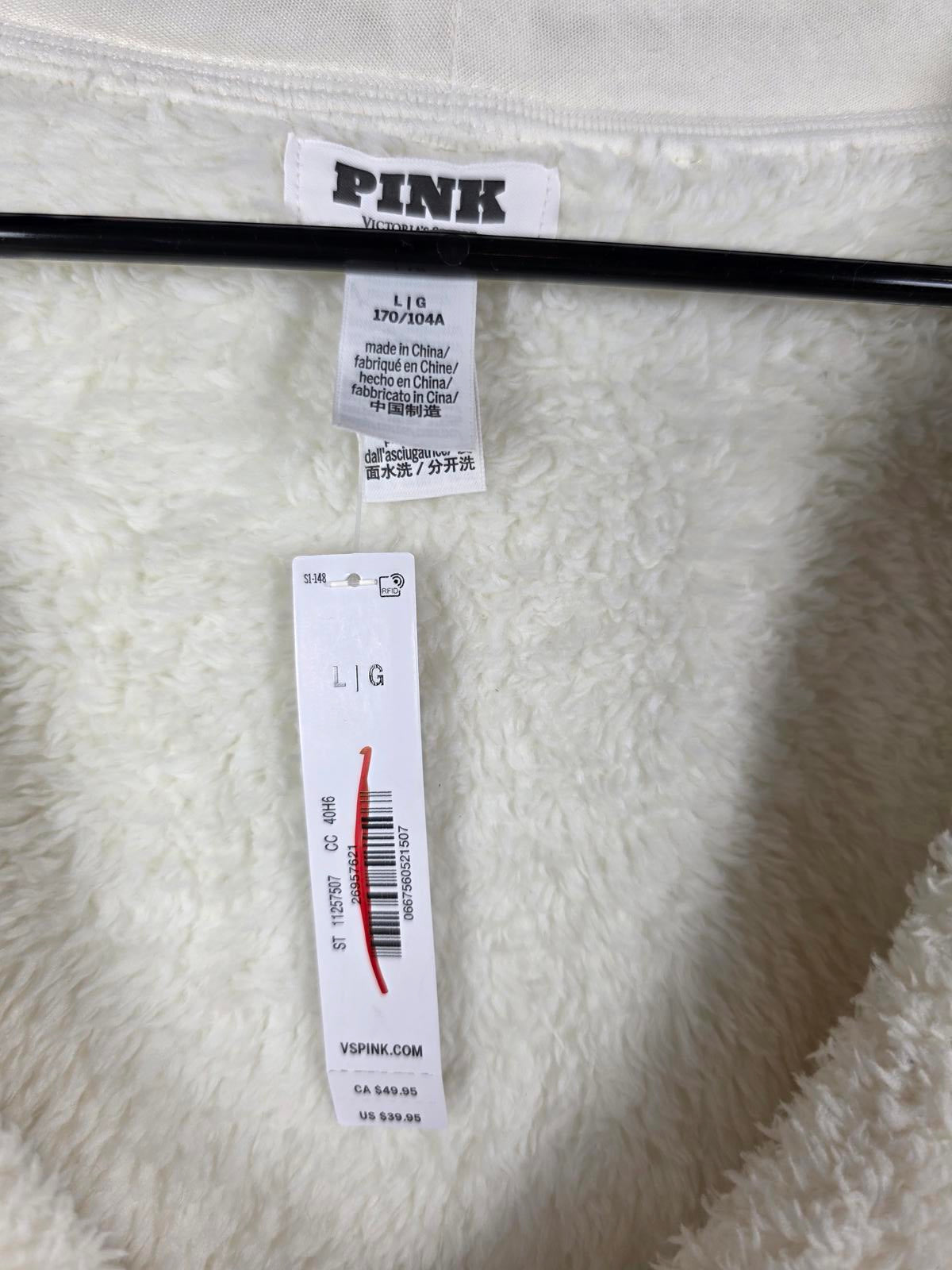 Victorias Secret Pink NEW Nwt Cream Fuzzy Teddy Bear Cropped Cardigan Sweater L