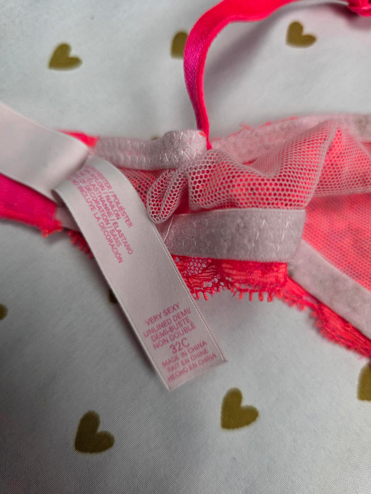 Victorias Secret Unlined Bling Lace Very Sexy Demi Balconette Bra 32C Rhinestone