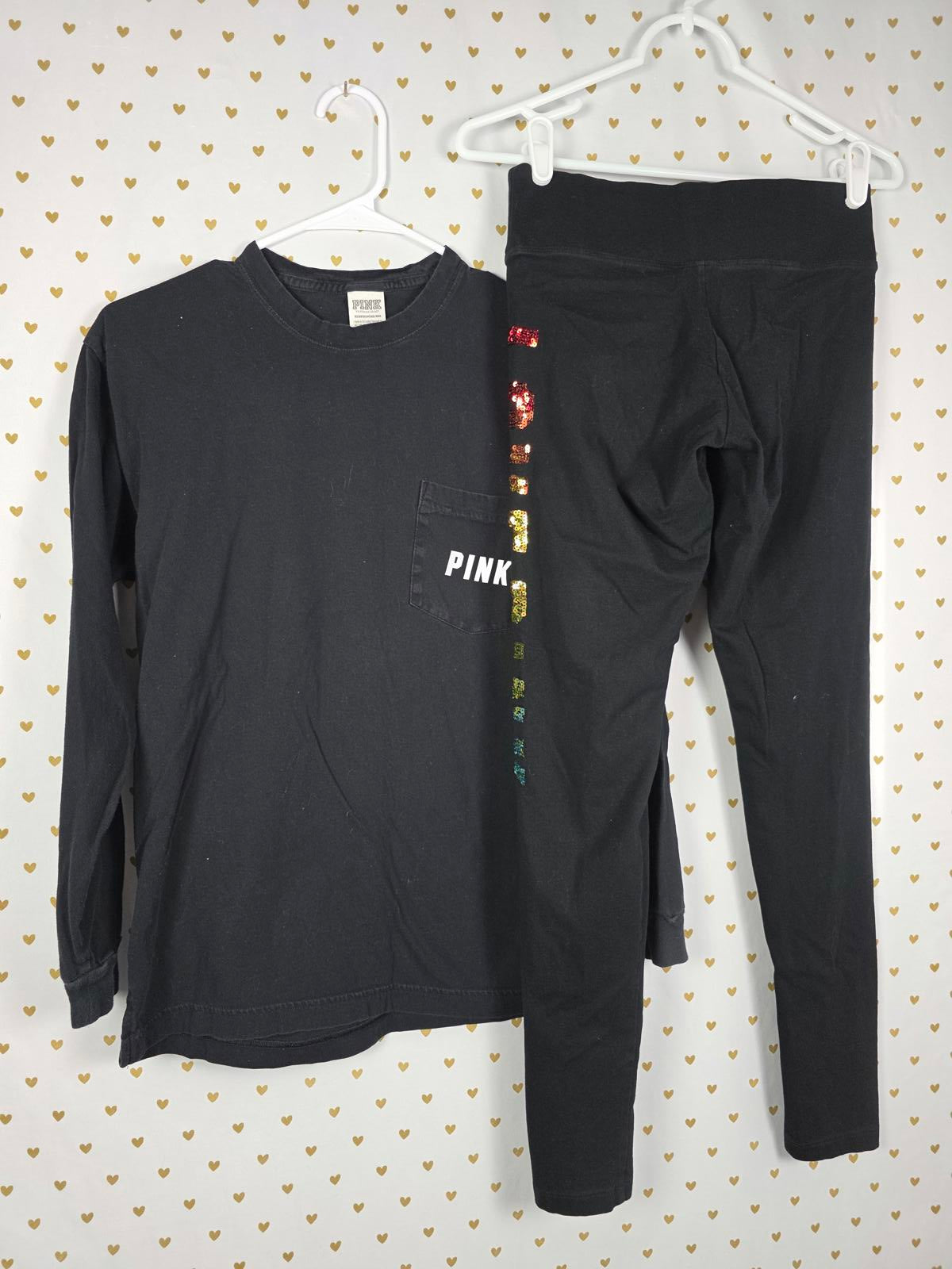 Victorias Secret PINK RAINBOW BLING Campus Tee Shirt & Leggings SET Yoga XS SM