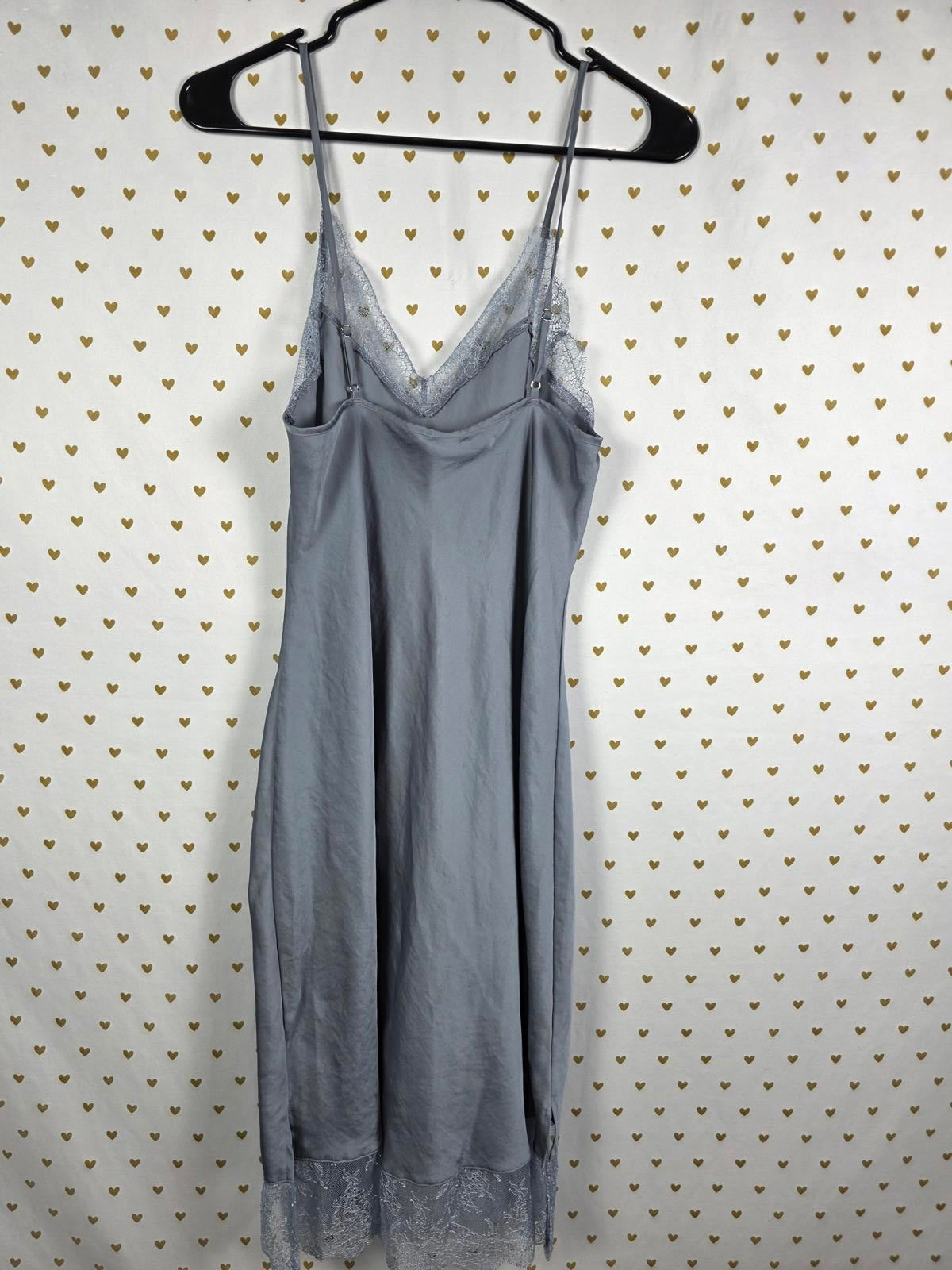 Victorias Secret Grey Long Satin Silky Slip Dress lace accent Medium Lingerie