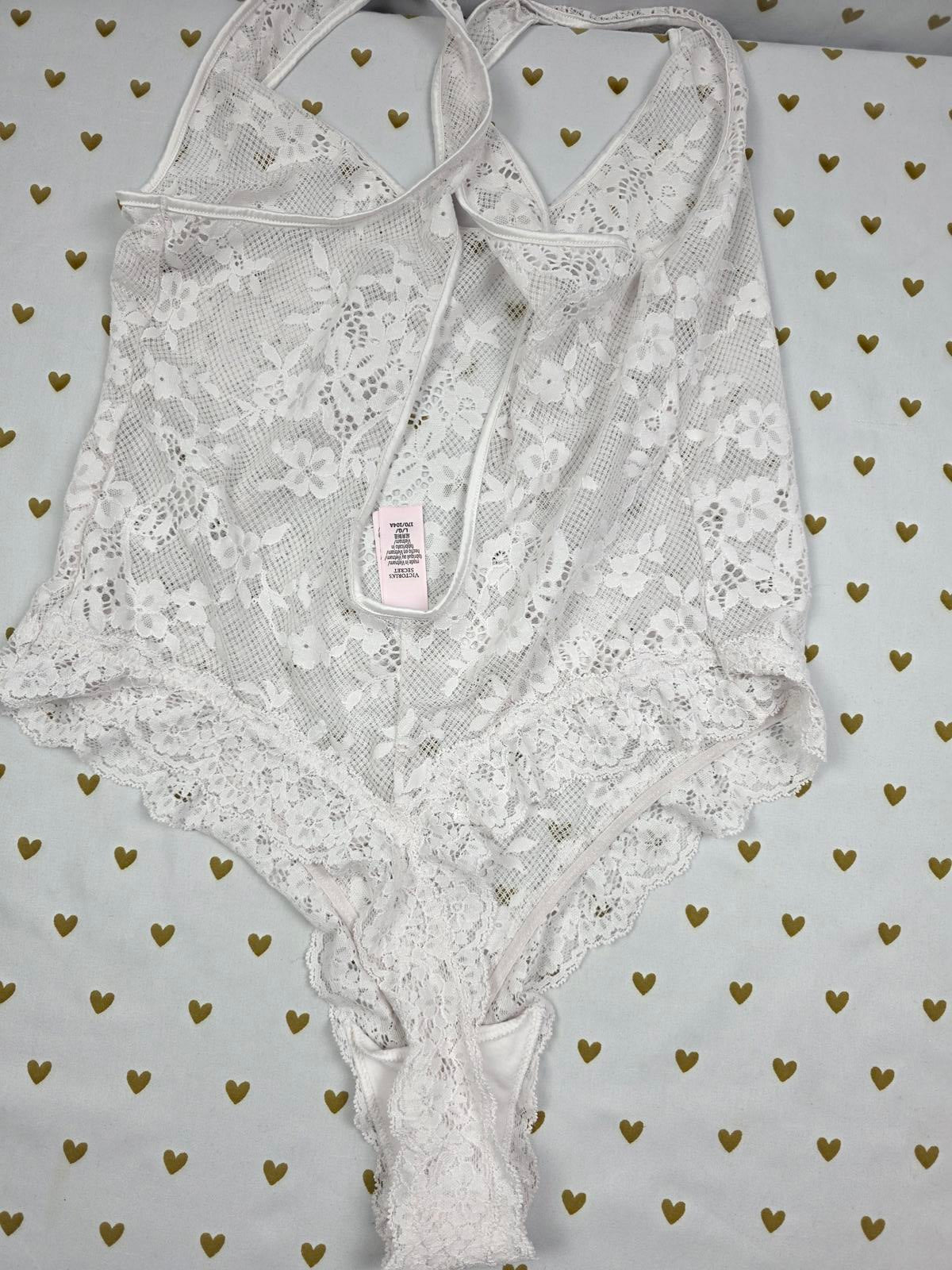Victorias Secret Sheer White Lace Large Snap Close Teddy Bodysuit Lingerie Thong