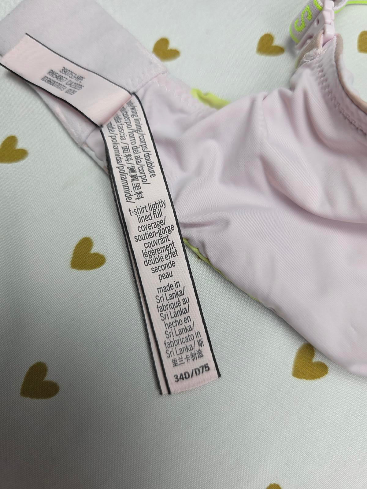 Victorias Secret Yellow Camo Camouflage Bra Logo Strap T Shirt Lightly Lined 34D