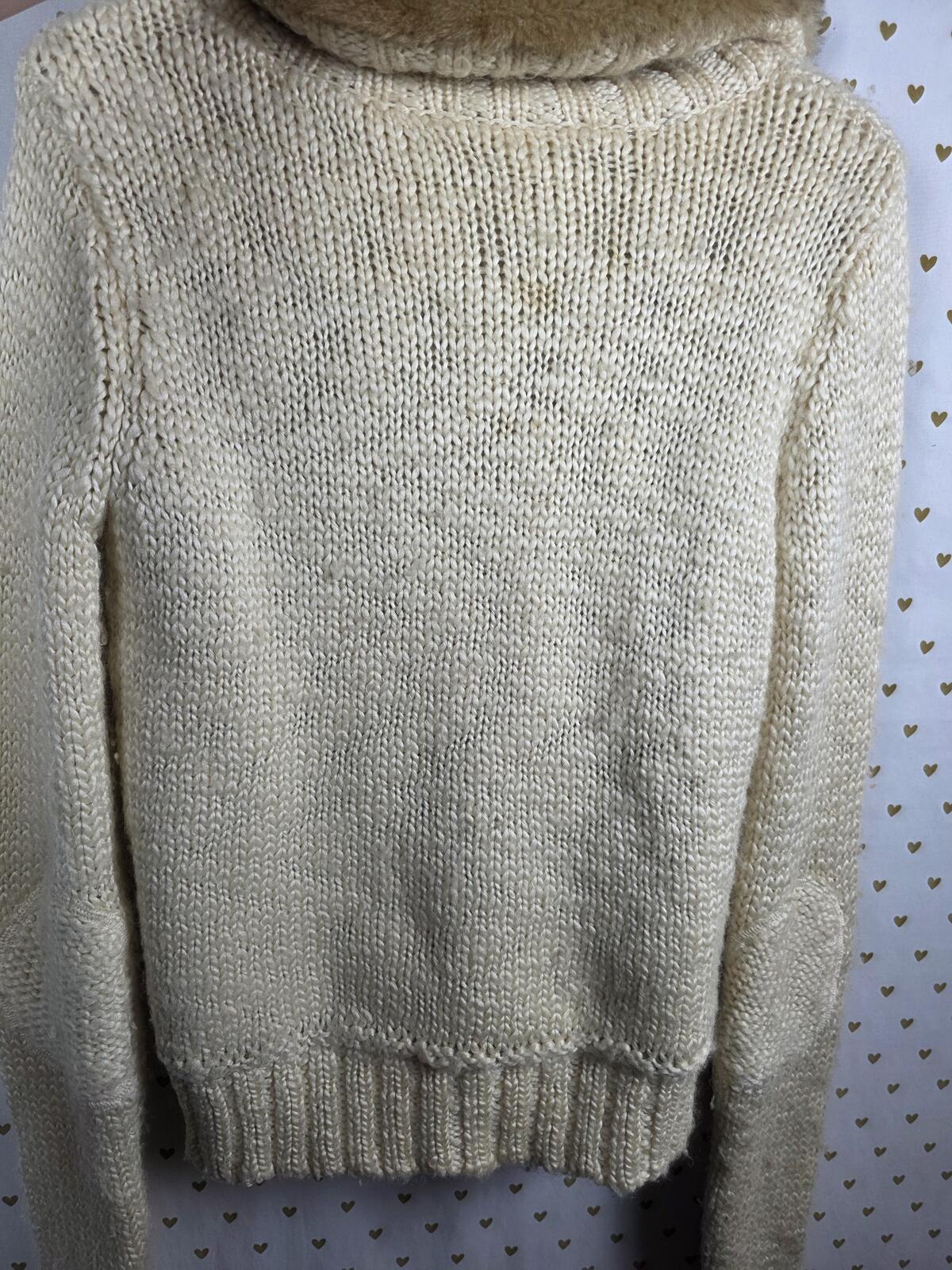 Victorias Secret Pink VINTAGE Y2K CREAM FUR HAND KNIT ZIP UP SWEATER Patch RARE