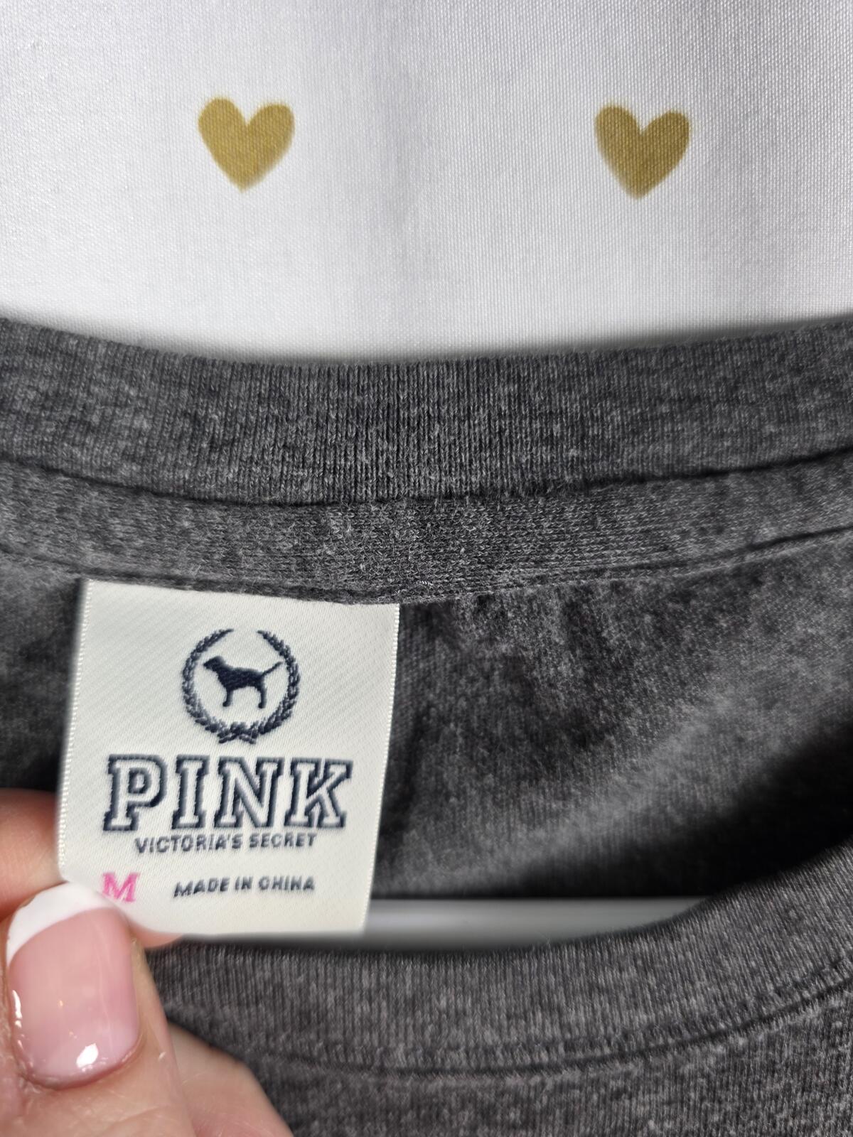 Victorias Secret PINK Long Sleeve Gold Logo Vintage Tee Shirt Lodge MEDIUM