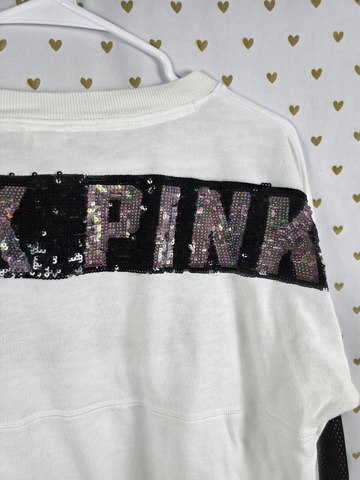 Victorias Secret Pink White Sequined Bling Logo Sweater Shirt Long Sleeve MEDIUM