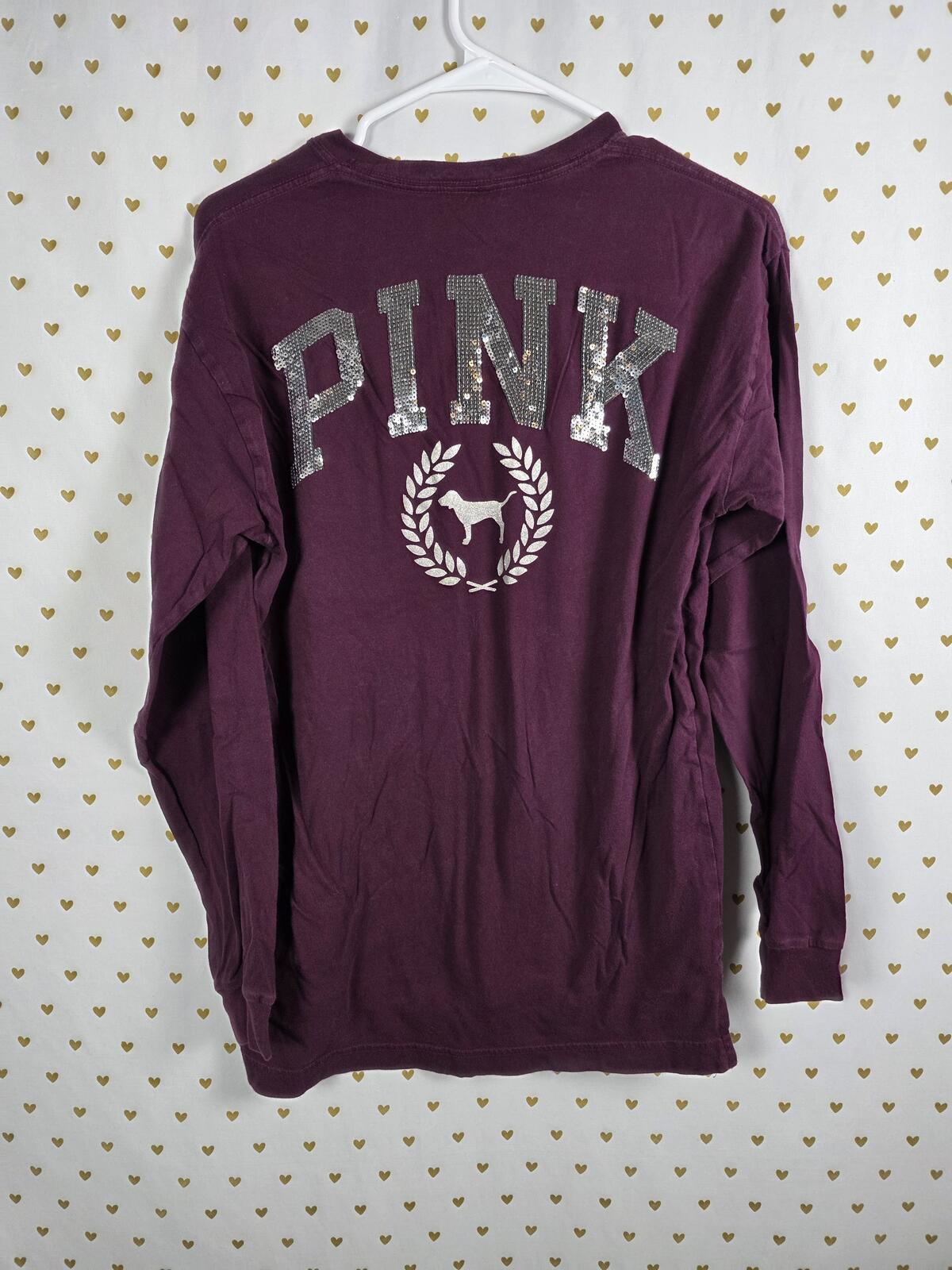 Victorias Secret PINK Campus Pocket BLING Sequined Maroon Tee Shirt DOG SMALL