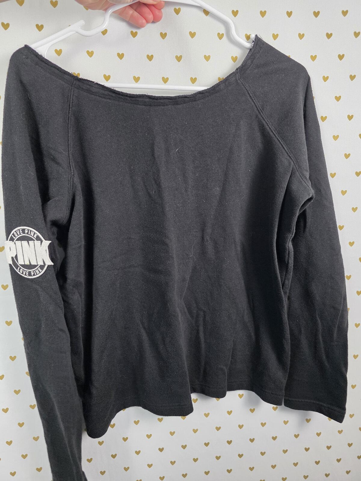 Victorias Secret Pink Slouchy Off Shoulder Logo Sweater Shirt Black XS