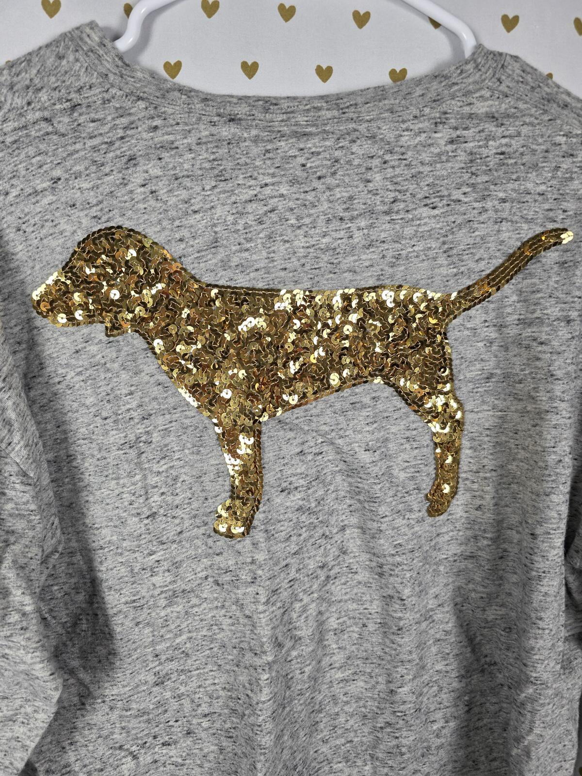 Victorias Secret PINK GOLD BLING Sequined Long sleeve campus pocket tee shirt L