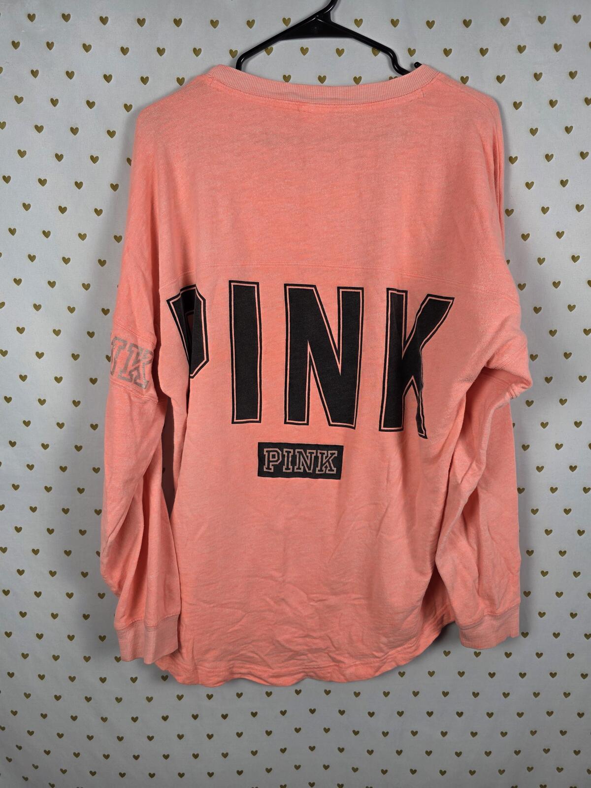 Victorias Secret Pink Orange Sweater Shirt Logo Back Long Sleeve LARGE