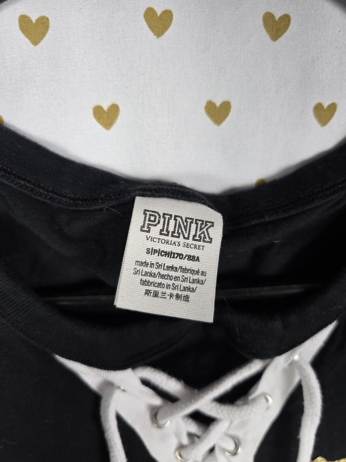 Victorias Secret PINK Lace front Gold Glitter Tee shirt Logo SMALL