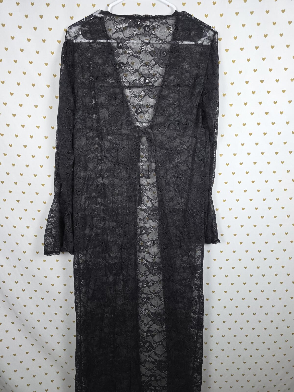 Victorias Secret Long Vintage Stretchy Lace Ruffled Robe Tie Front Black MEDIUM