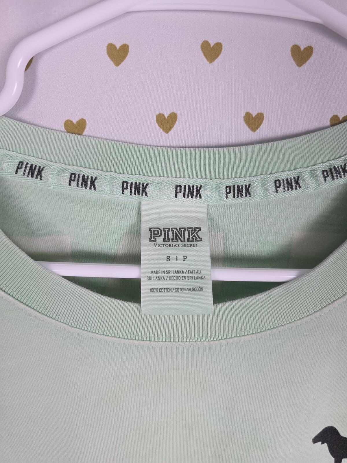 Victorias Secret PINK Oversized Logo Campus Long Sleeve Tee Shirt Mint SMALL