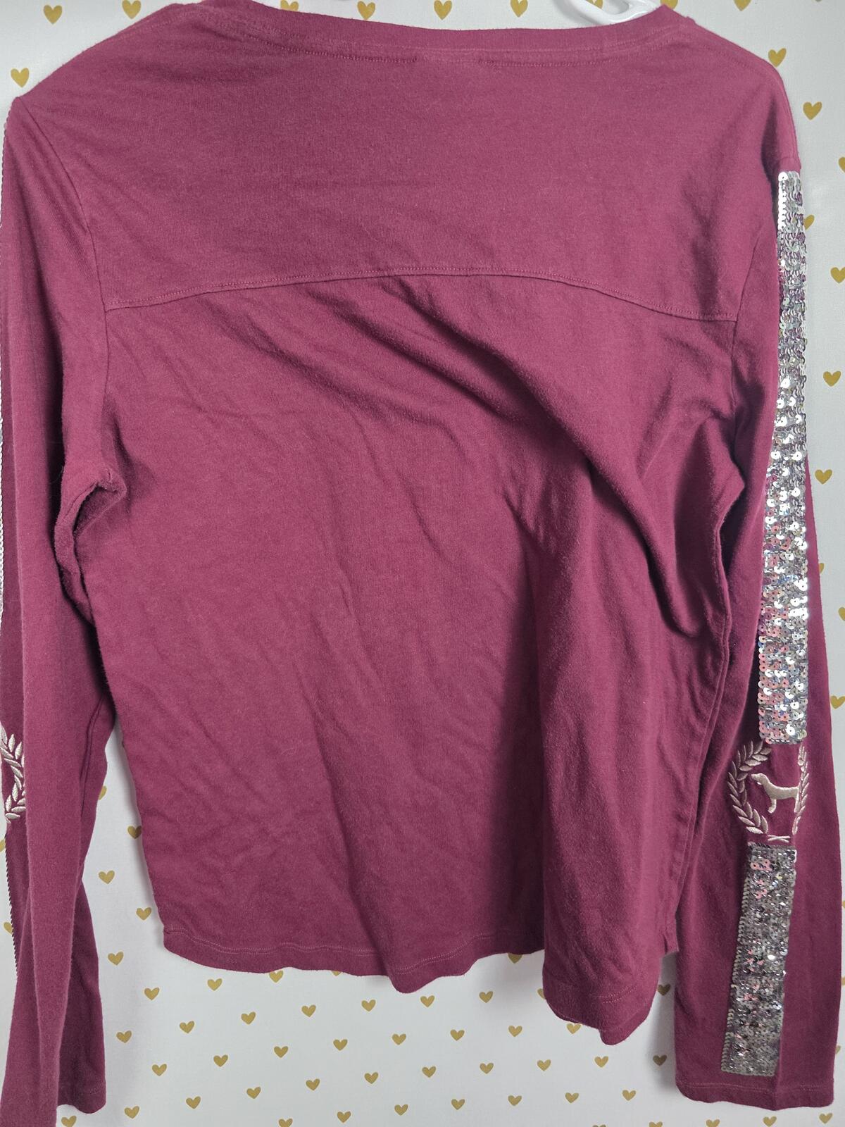 Victorias Secret PINK BLING Long Sleeve Logo Sequined Tee Shirt Maroon MEDIUM