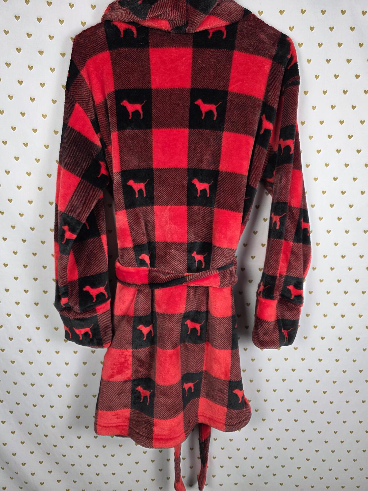 Victorias Secret Thick Red Black Dog Logo buffalo Plaid Fuzzy Robe M LARGE