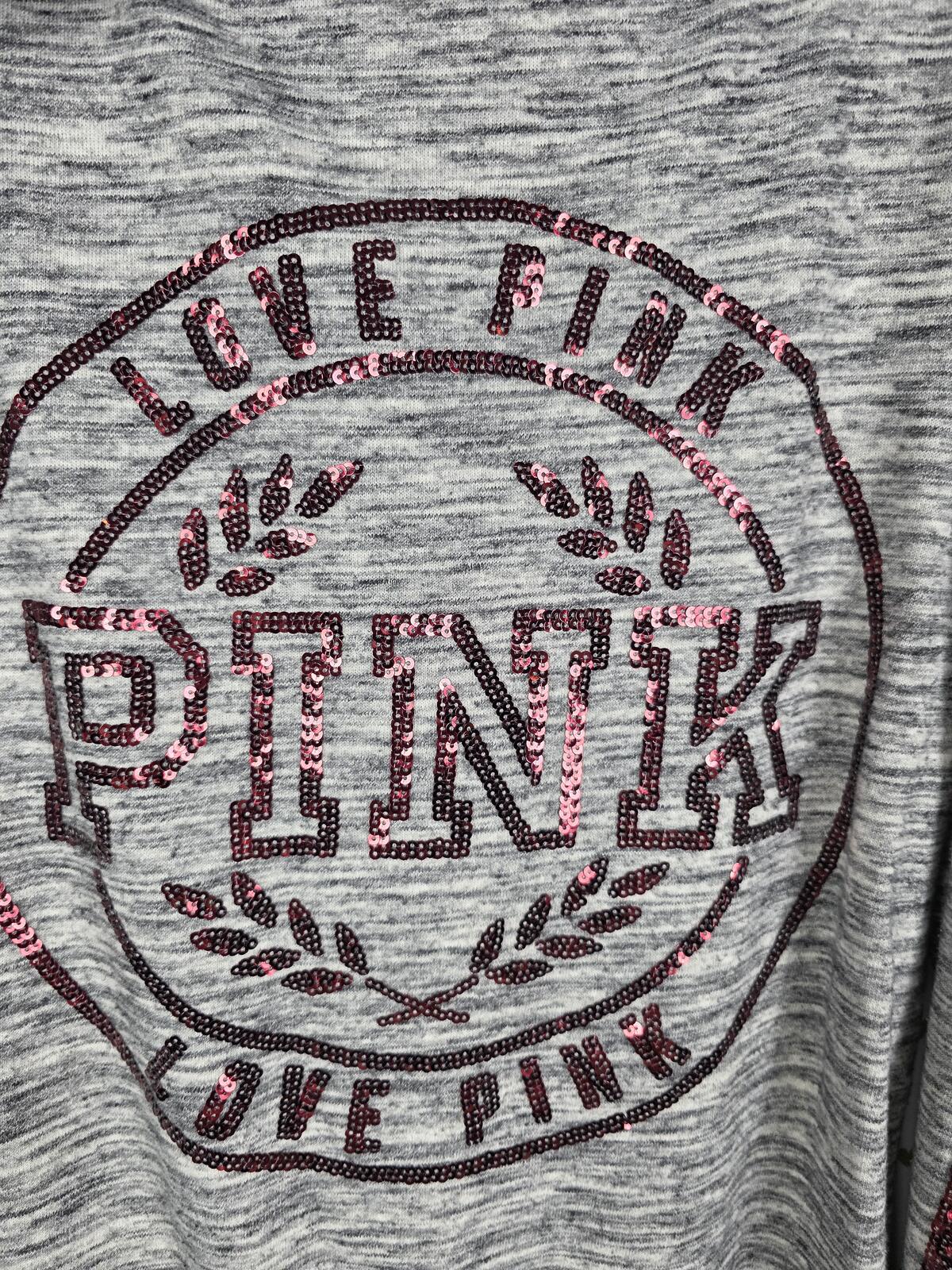 Victorias Secret Pink RED BLING SEQUINED Full Zip Hoodie Jacket Grey LARGE