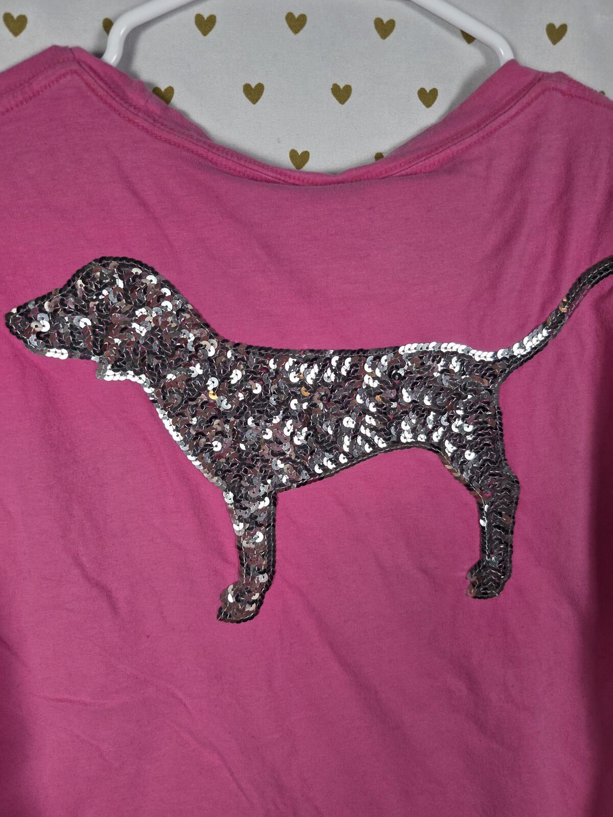 Victorias Secret PINK BLING Dog Logo Sequined Tee shirt MEDIUM