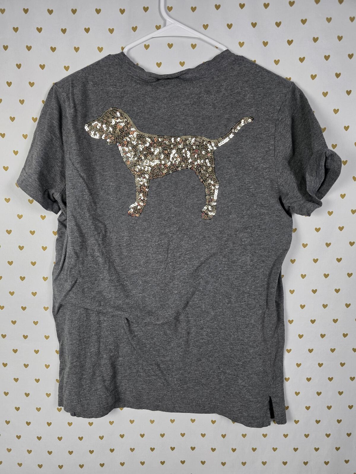 Victorias Secret PINK GOLD BLING DOG LOGO Grey Sequined Small Tee Shirt