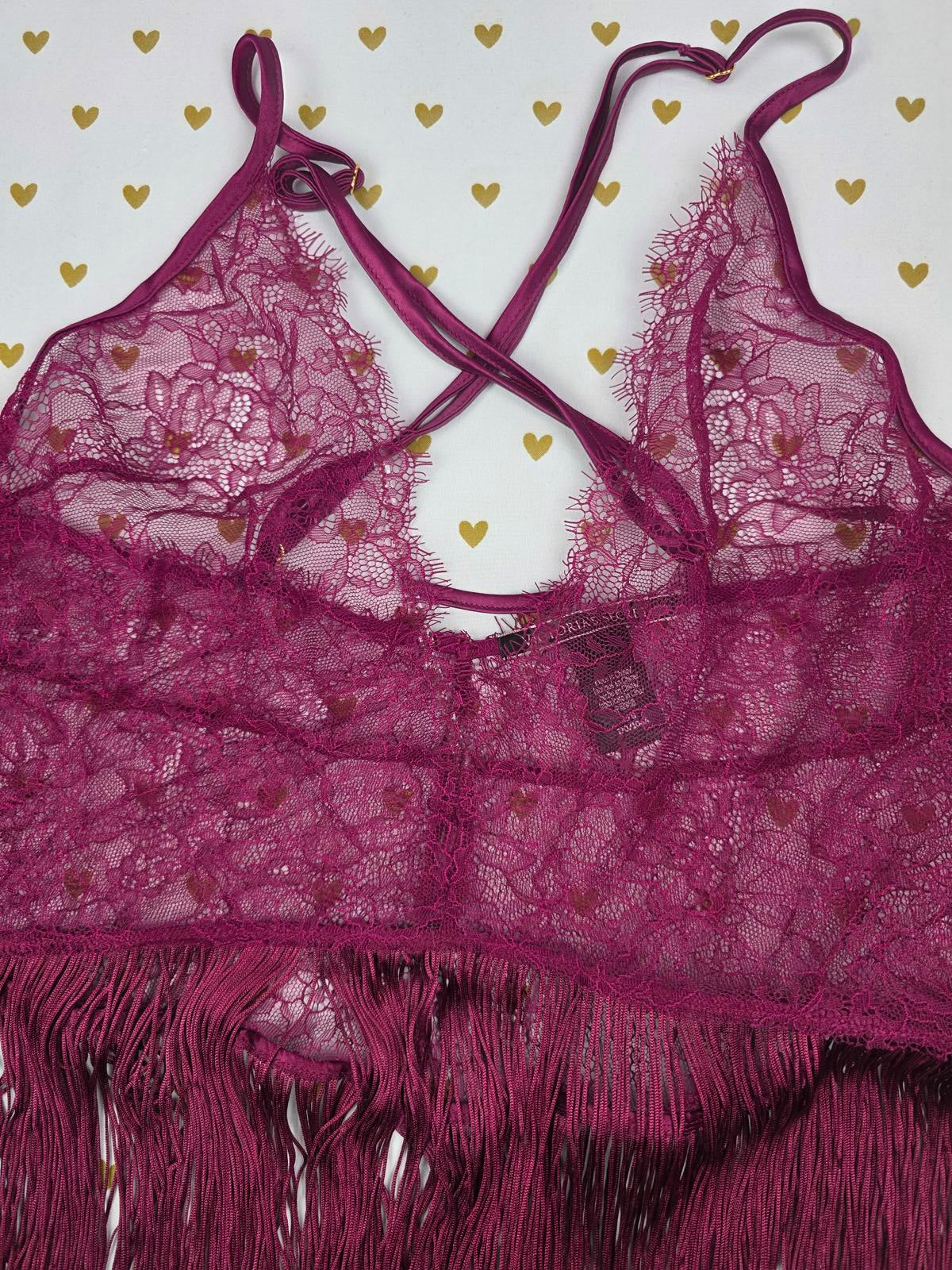 Victorias Secret Sexy Lace & Fringe Slip Nightie Lingerie Maroon Cross back