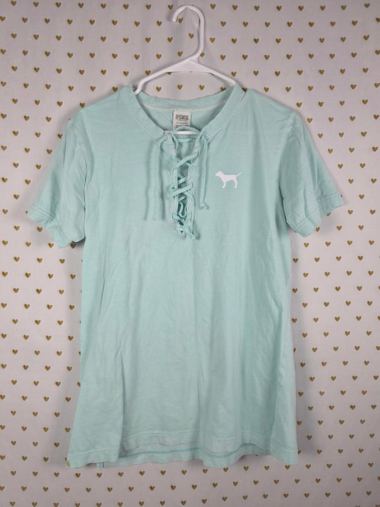 Victorias Secret PINK Mint Lace Front Dog Logo LOVE Tee Shirt SMALL