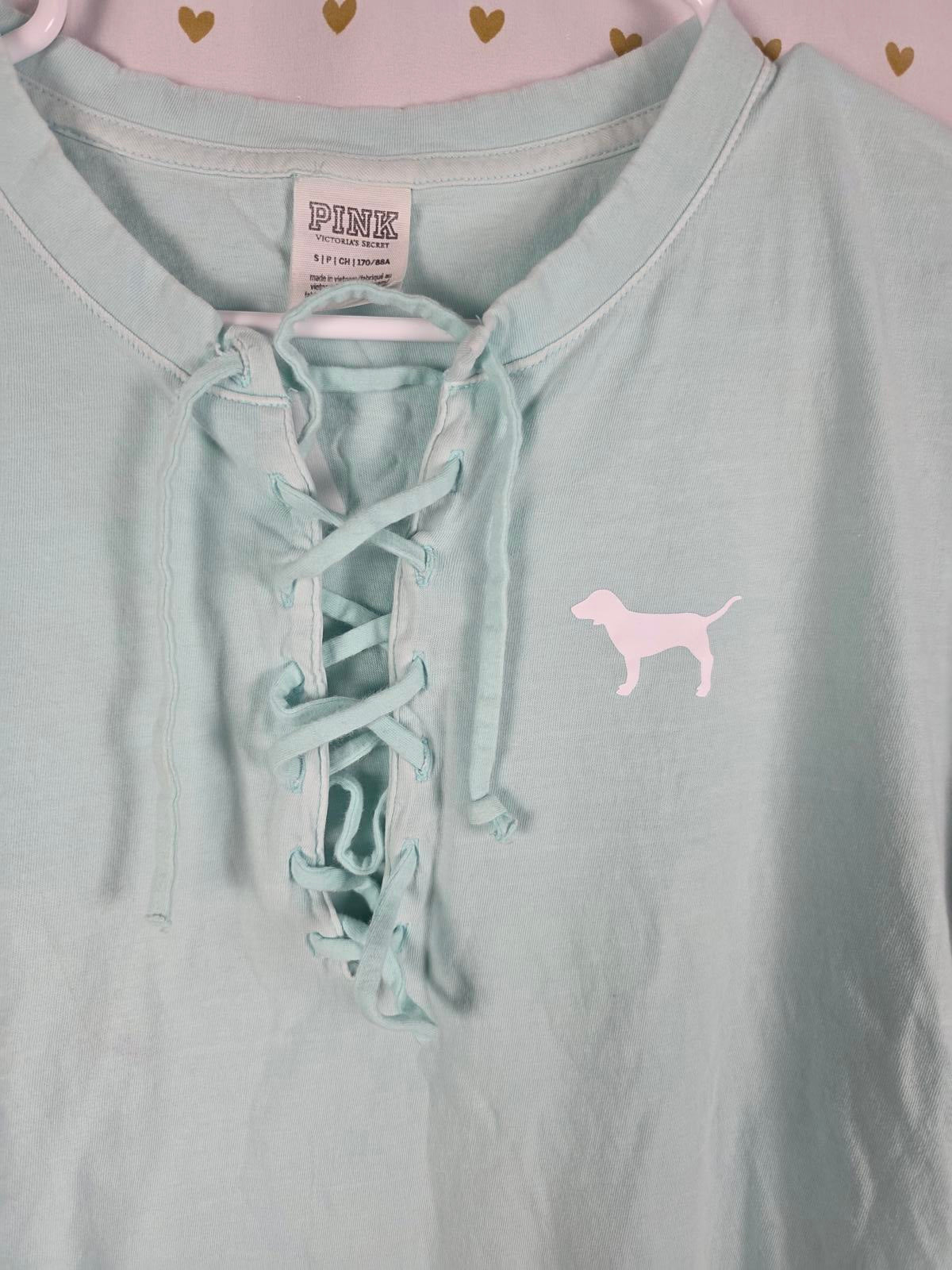Victorias Secret PINK Mint Lace Front Dog Logo LOVE Tee Shirt SMALL