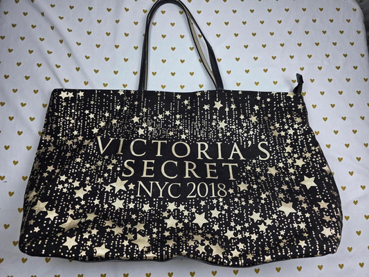VICTORIA'S SECRET NYC 2018 Signature Tote Bag Canvas Black Gold Stars Jumbo
