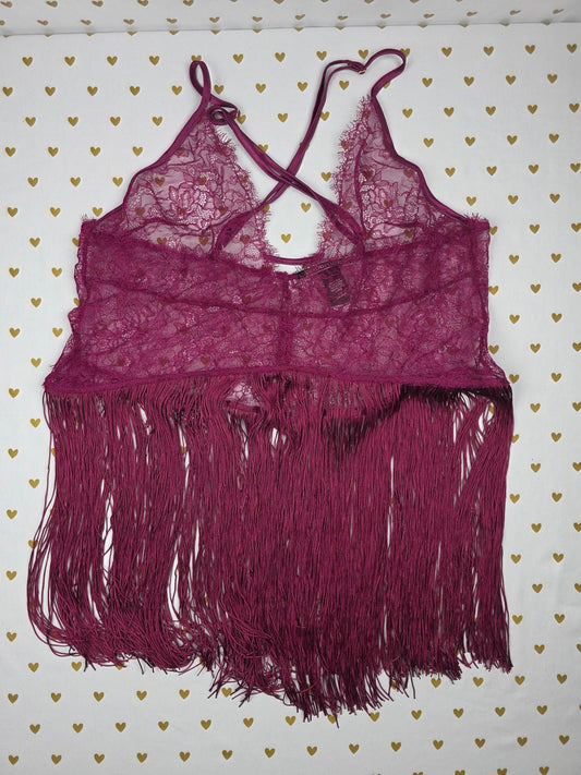 Victorias Secret Sexy Lace & Fringe Slip Nightie Lingerie Maroon Cross back