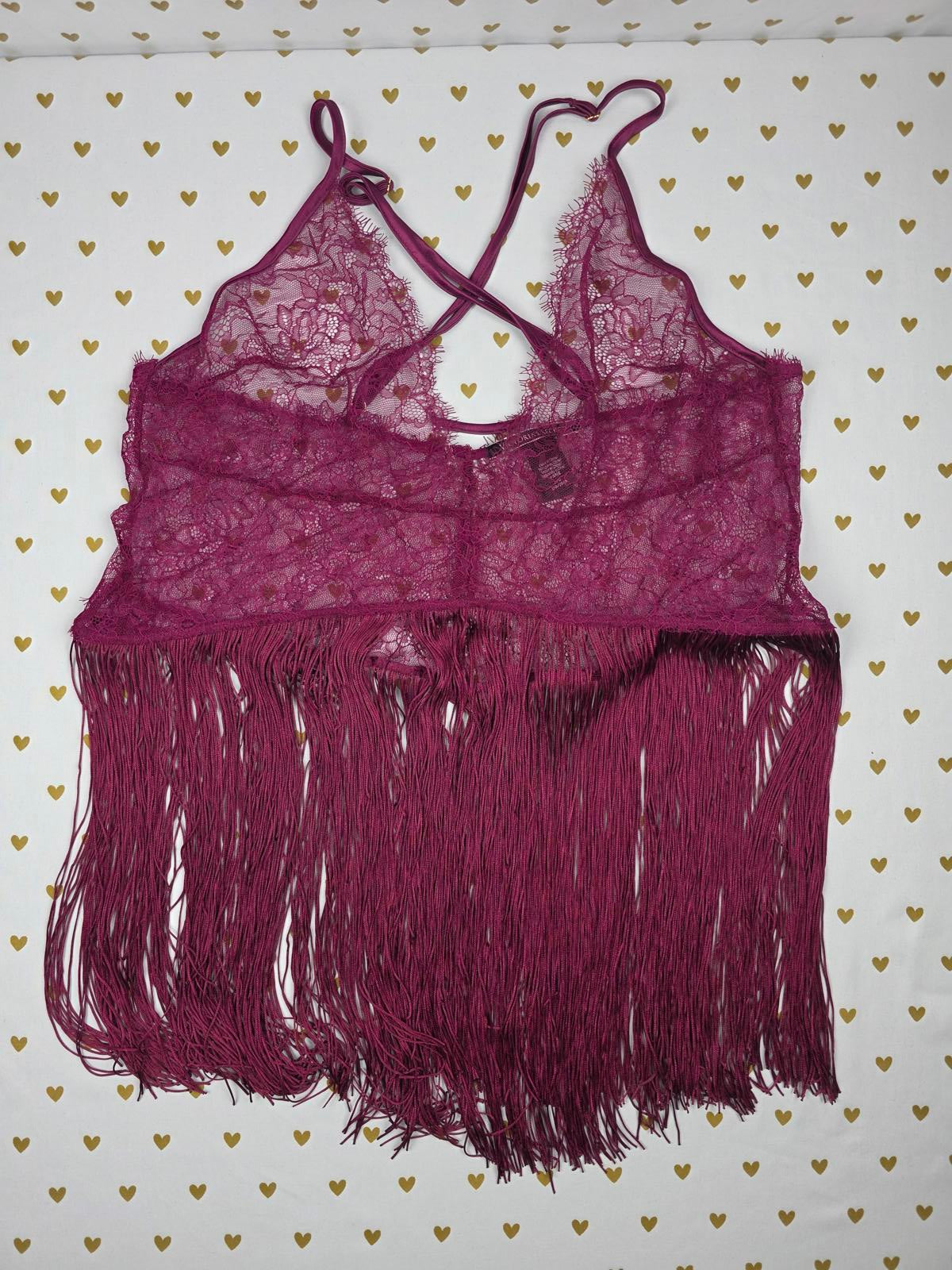 Victorias Secret Sexy Lace & Fringe Slip Nightie Lingerie Maroon Cross back