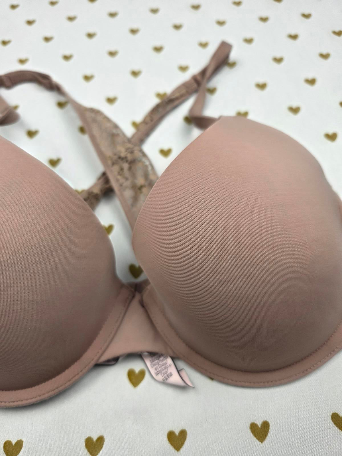 Victorias Secret Uplift Demi Balconette Bra Brown Lace cross strap 32D