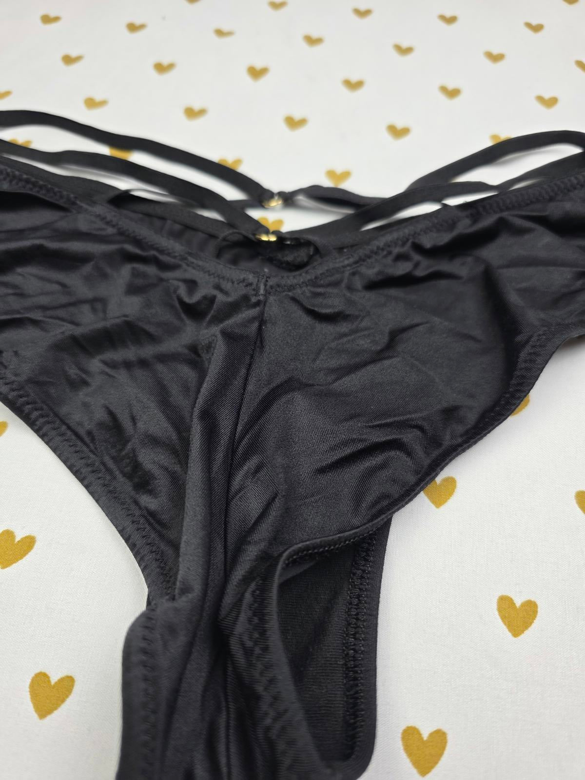 Victorias Secret Black Satin Caged High Leg Cheeky Panties SMALL