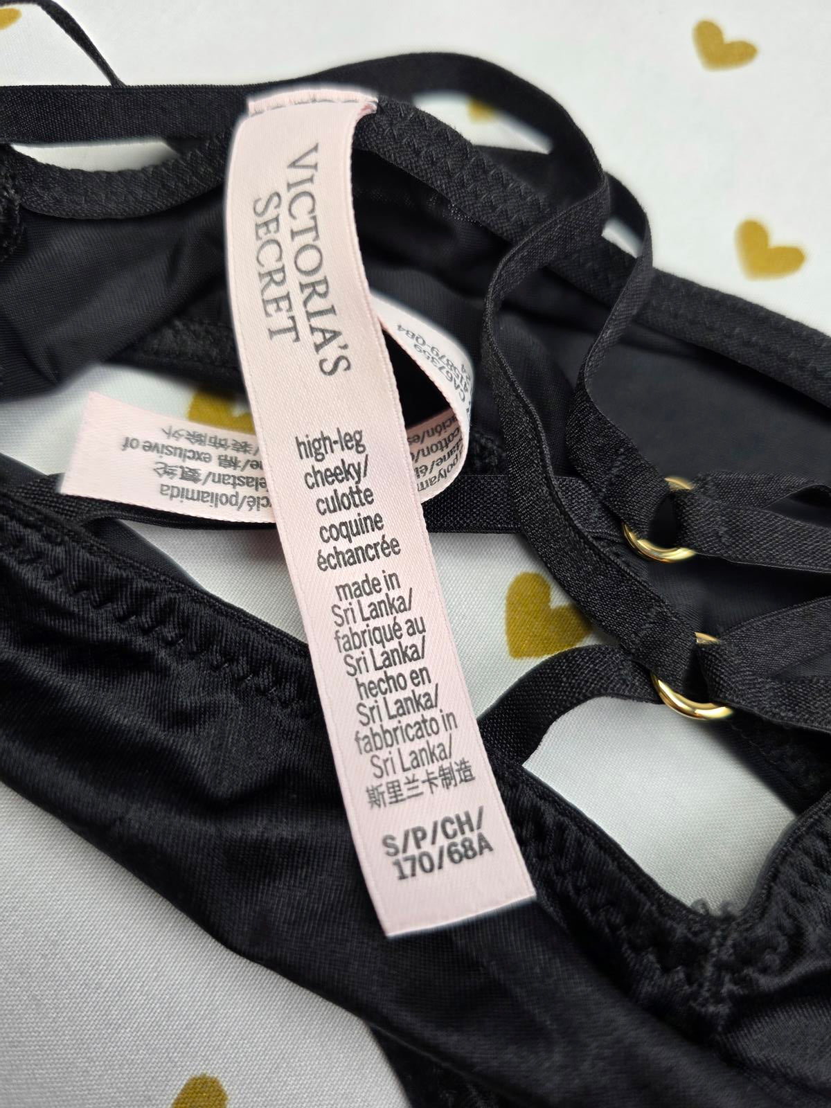 Victorias Secret Black Satin Caged High Leg Cheeky Panties SMALL