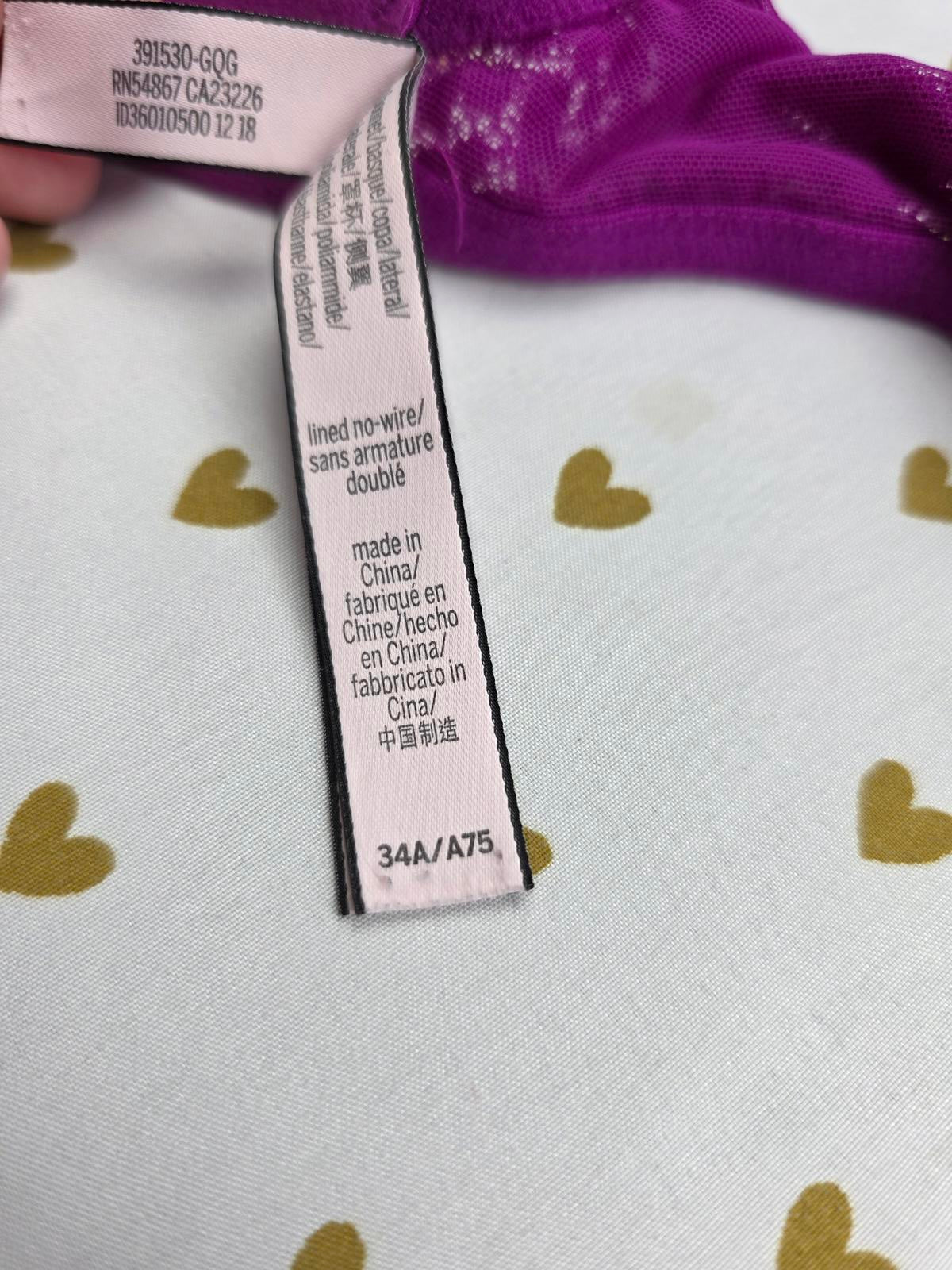 Victorias Secret Purple Lace Logo Strap Lined No Wire Wireless Bra 34A