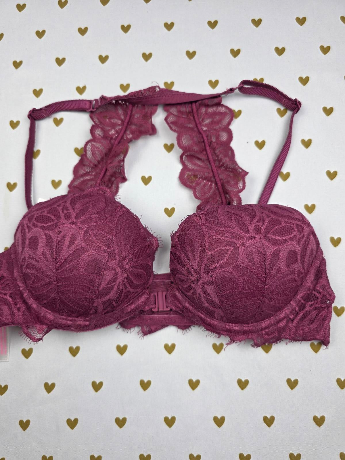Victorias Secret PINK Racerback Lace Accent Bra Front Close 32B