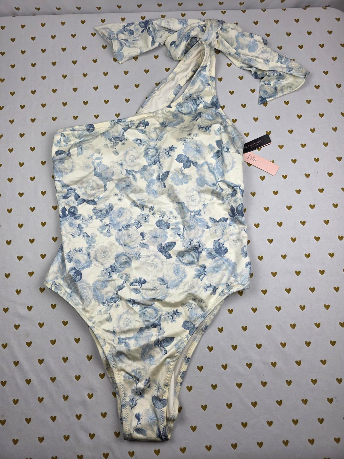 Victoria’s Secret Bow One Shoulder One Piece White and Blue Floral Size L NWT