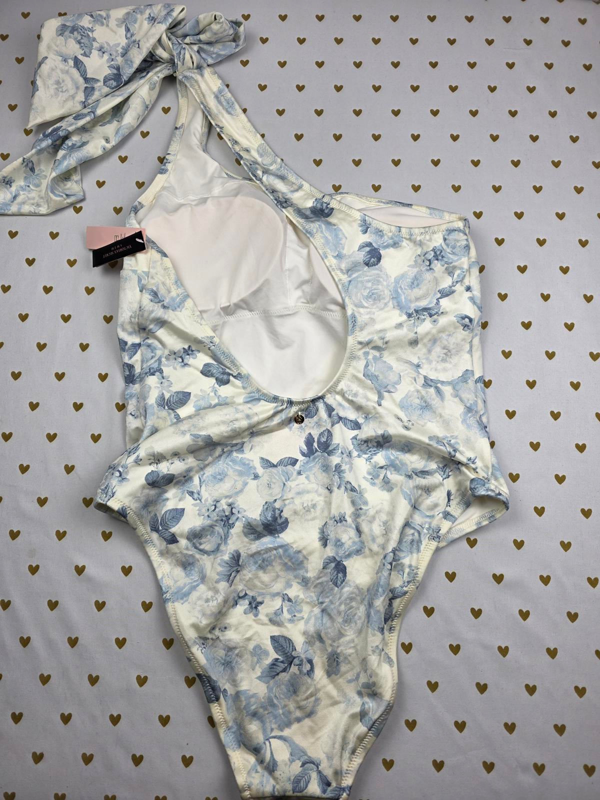 Victoria’s Secret Bow One Shoulder One Piece White and Blue Floral Size L NWT
