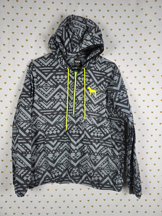 Victorias Secret Pink NEON Aztec Print Windbreaker Hoodie Jacket XS SMALL Anorak