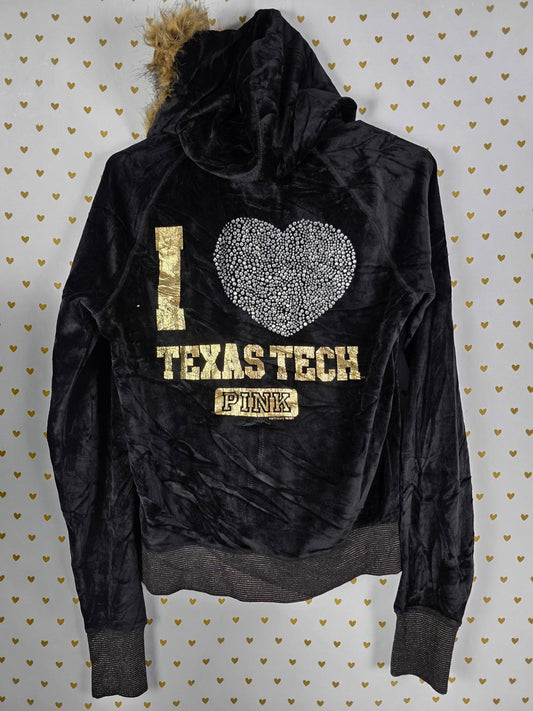 Victorias Secret Pink I LOVE TEXAS TECH Velour Parka Bling Jacket VTG y2k GRAIL