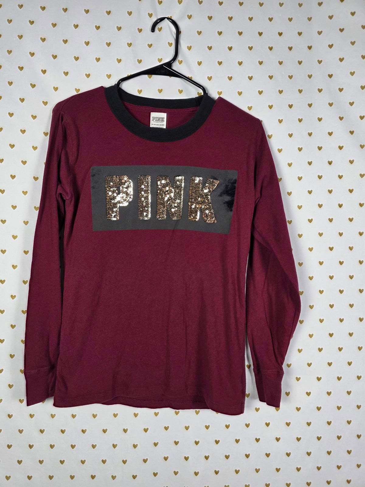 Victorias Secret PINK Long Sleeve Maroon BLING SEQUINED Tee Shirt XS