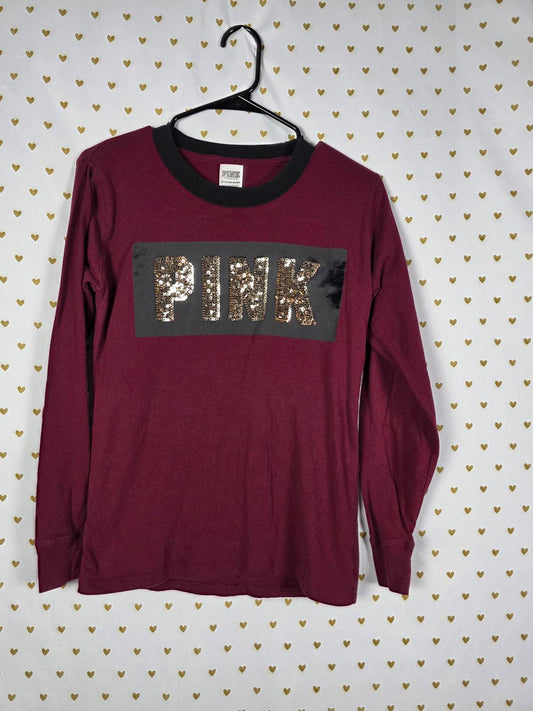 Victorias Secret PINK Long Sleeve Maroon BLING SEQUINED Tee Shirt XS