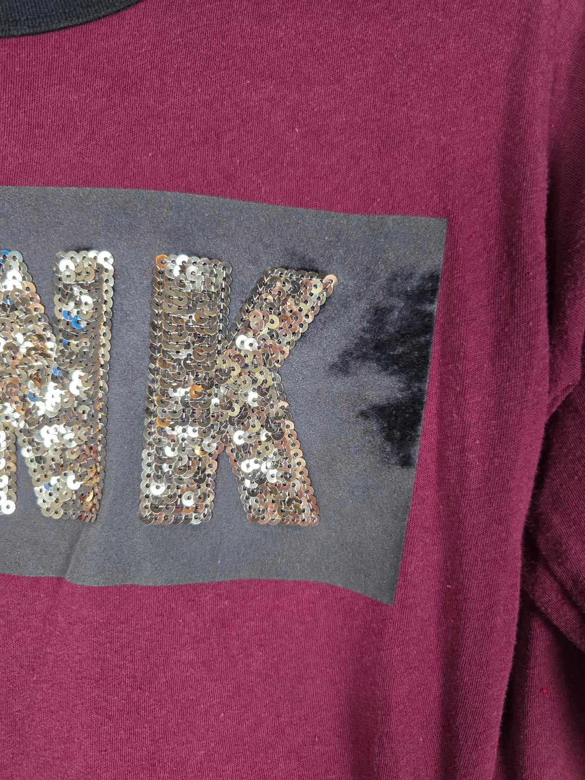 Victorias Secret PINK Long Sleeve Maroon BLING SEQUINED Tee Shirt XS