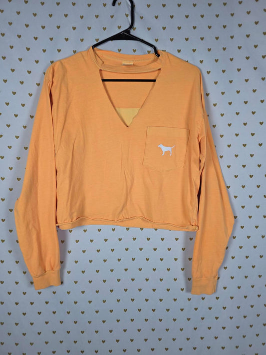 Victorias Secret PINK V Neck Dog Logo Cropped Tee shirt Orange XS