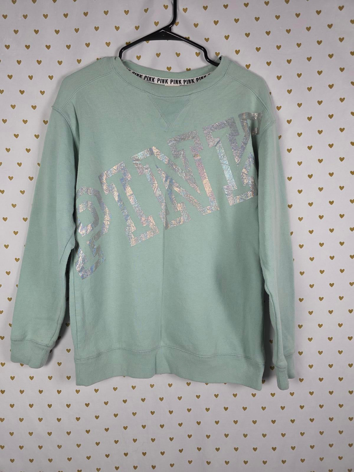Victorias Secret Pink Mint Shiny foil logo sweater shirt XS Oversized