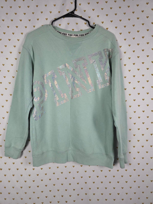 Victorias Secret Pink Mint Shiny foil logo sweater shirt XS Oversized