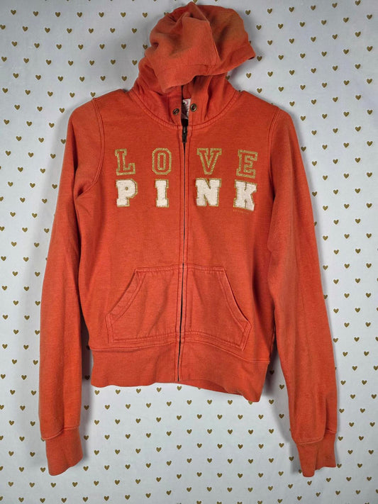 Victorias Secret Pink Orange LOVE Full Zip Hoodie Jacket FAVORITE SWEATS Small