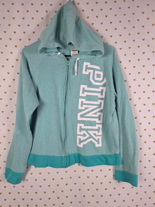 Victorias Secret Pink Full Zip Hoodie Jacket Logo LARGE teal